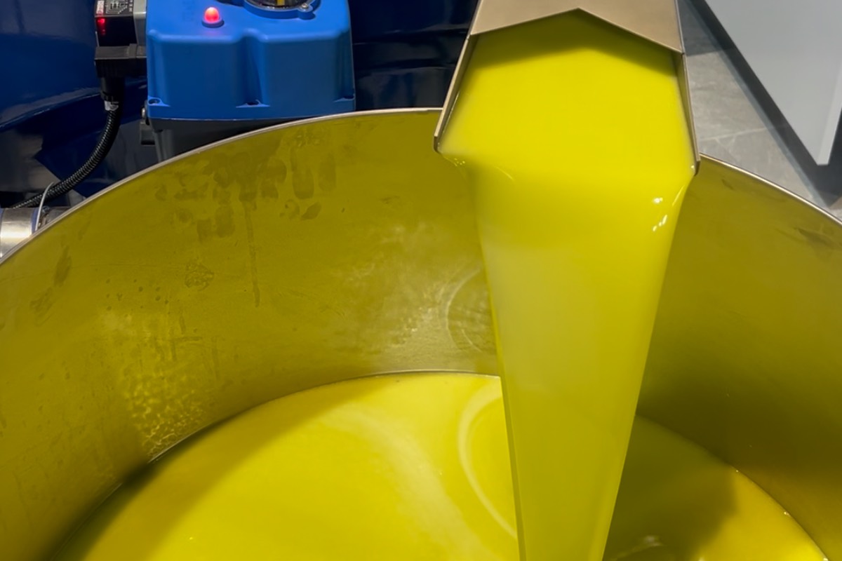 Olio extravergine appena estratto che scende nella vasca del frantoio
